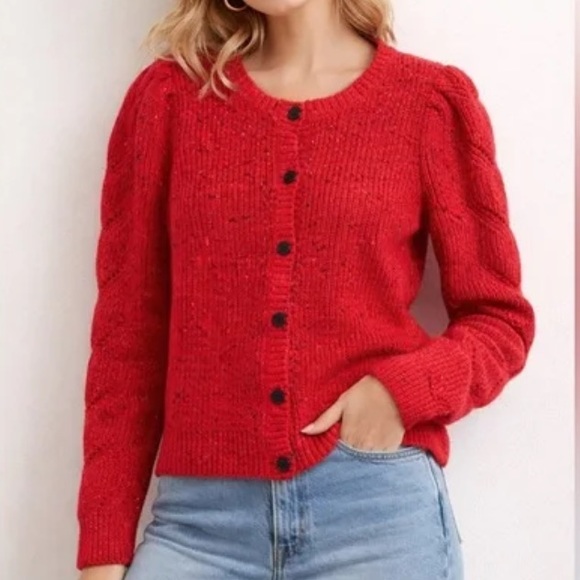 Talbots Sweaters - Talbots Speckled Red Cable Knit Puff Sleeve Cardigan Sweater‎ Size 2X